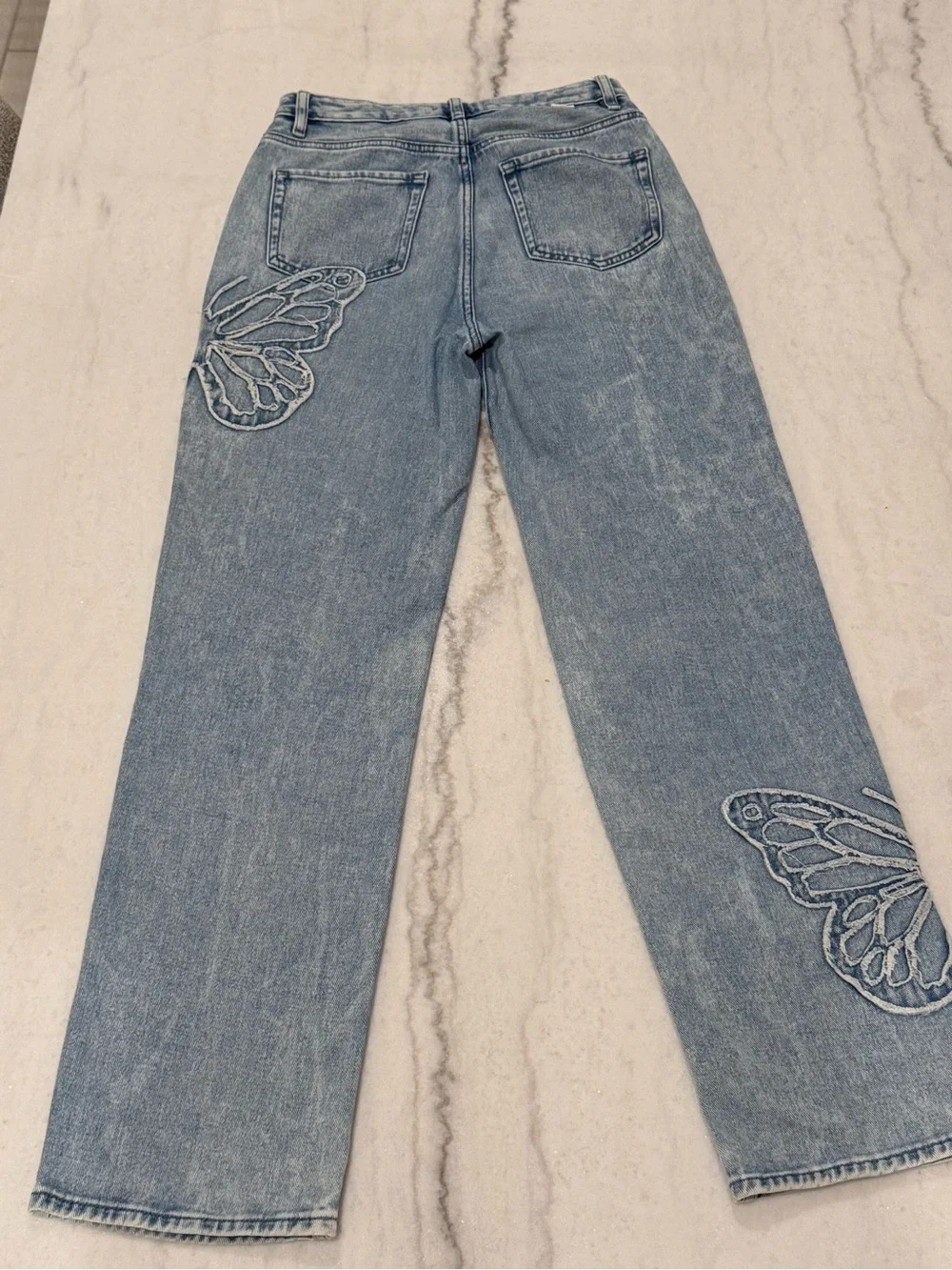 PacSun Light Blue Straight-Leg Jeans with Butterfly Embroidery
